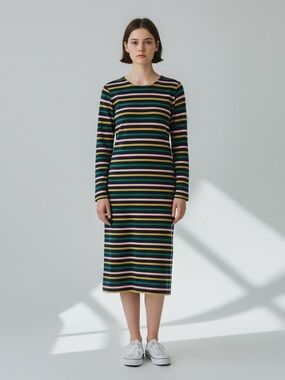 J Crew Size 4 Striped Colorful 100% Cotton Stretch Long Sleeve Midi Dress G7980